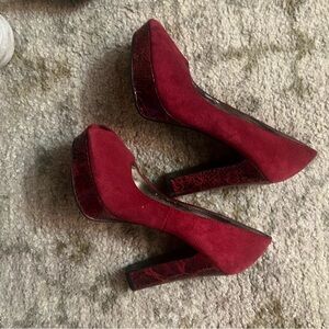Fergie Burgundy Suede Platform Block Heel Pumps